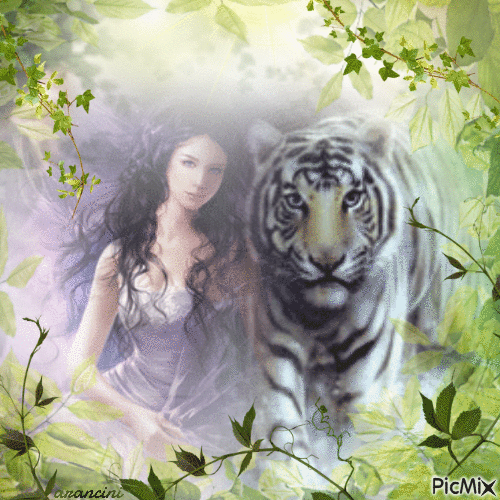 Tiger with woman - Fantasy - GIF animé gratuit