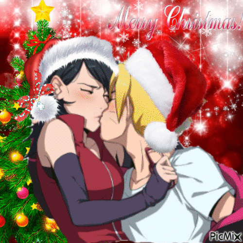 Boruto and Sarada's Christmas Kiss - Free animated GIF