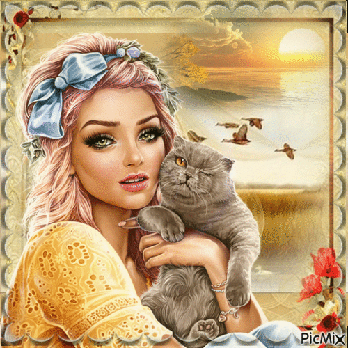 femme et son chat - Free animated GIF