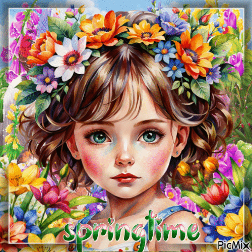 Little girl in spring, colorful - Бесплатный анимированный гифка
