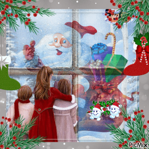 children looking in the window at Santa Claus - Free animated GIF