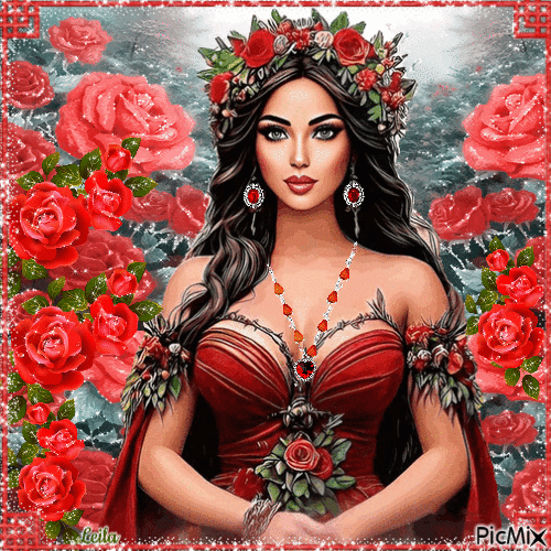 Rose garden. Woman in red - Безплатен анимиран GIF