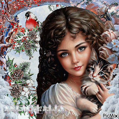Wintermädchen mit ihrer Katze - Sanfte Farben - Δωρεάν κινούμενο GIF
