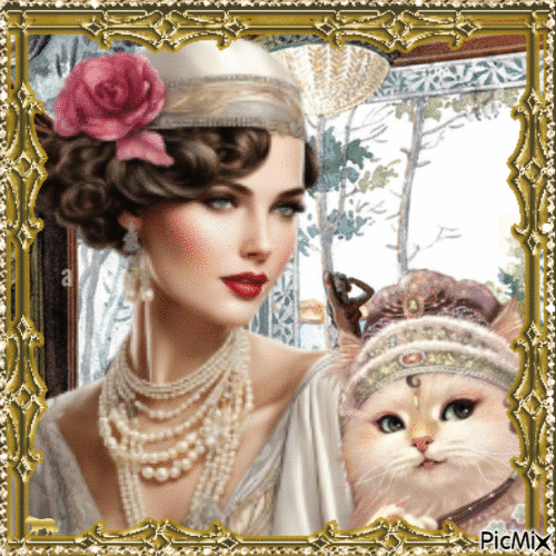 Art déco woman with cat - 免费动画 GIF