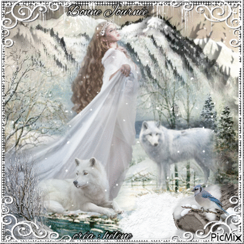 Femme et loup blanc - GIF animado grátis