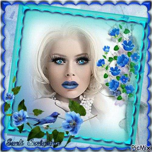 Menina bonita e flores azuis - Gratis animerad GIF