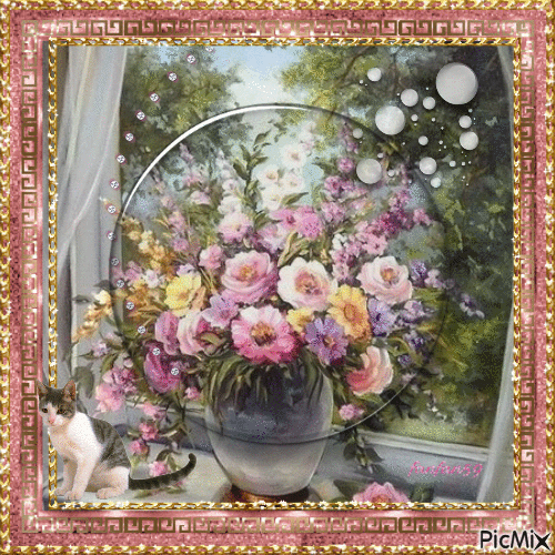 Bouquet de fleurs et petit chat - 無料のアニメーション GIF