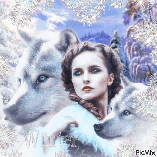 Loup et femme en hiver - GIF animé gratuit