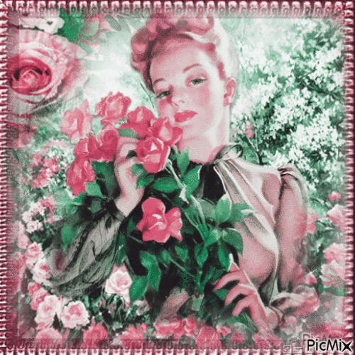 Femme vintage avec des roses...concours - Gratis geanimeerde GIF