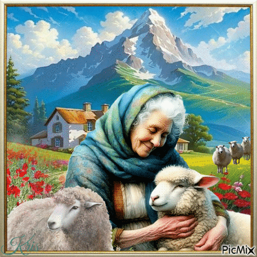 Femme avec des moutons - Free animated GIF