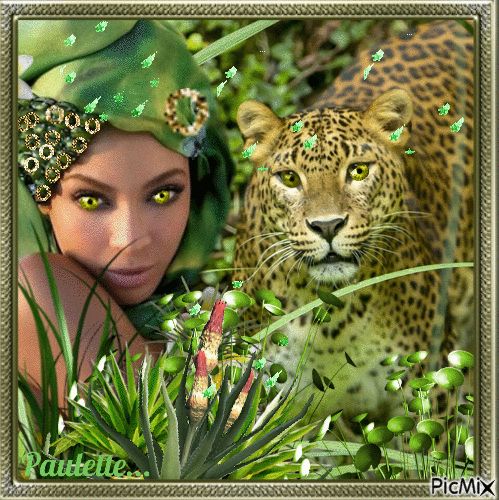 femme africaine et léopard - GIF animado grátis