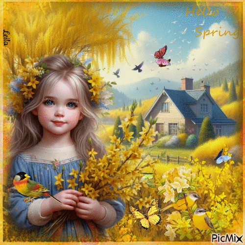 Hello Spring. Yellow flowers, girl - GIF animado gratis