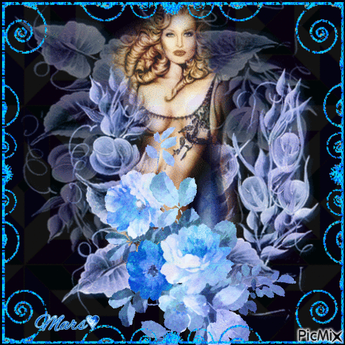 mujer con flores blue - Δωρεάν κινούμενο GIF