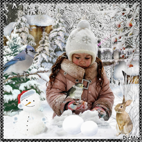 La niña jugando en la nieve - Free animated GIF