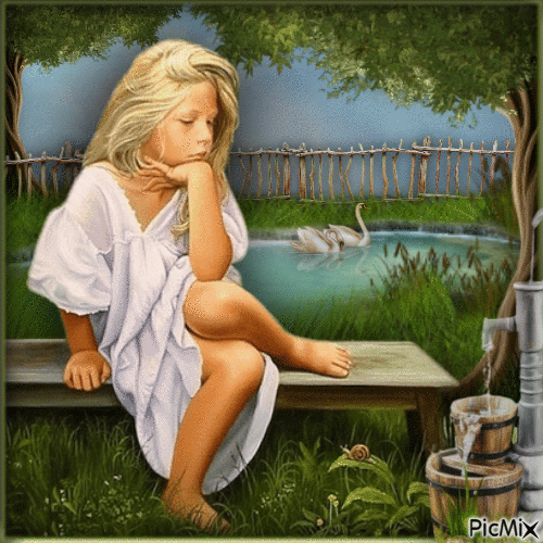 Girl sitting by Pond-RM-01-25-24 - Бесплатни анимирани ГИФ