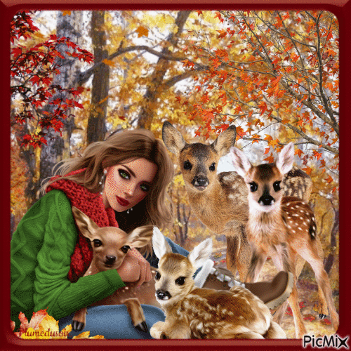 Fille d'automne et daims. - Free animated GIF