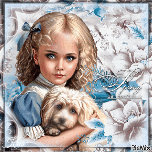 petite fille et chien ❤️🍃🌷 - GIF animé gratuit