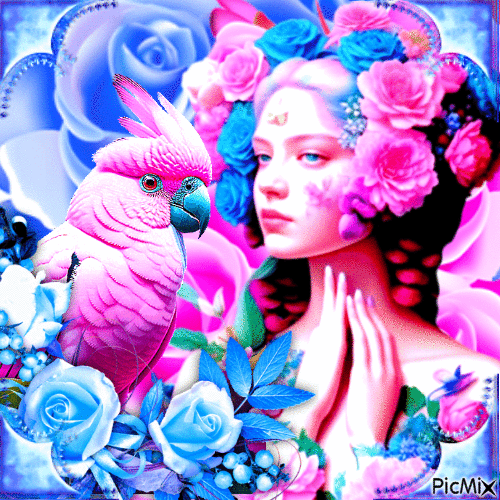 Femme et oiseau avec des roses bleues et roses - Безплатен анимиран GIF
