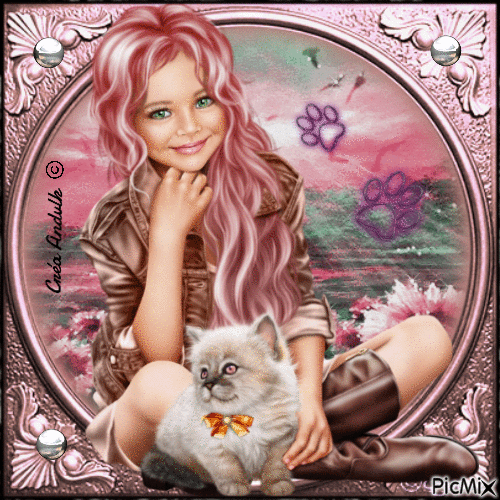 PETITE FILLE ET SON CHAT BLANC - Free animated GIF
