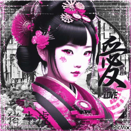 Geisha Girl black white pink contrast - Nemokamas animacinis gif