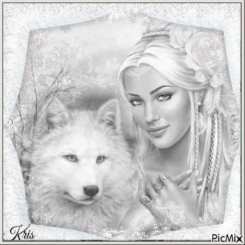 Femme et loup en hiver - Tout en blanc - GIF animado gratis