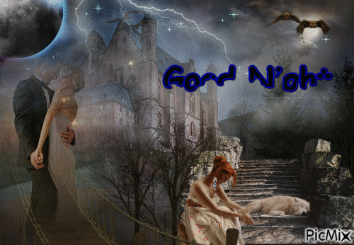 good night moon woman couple wolf stairs clouds - Gratis geanimeerde GIF