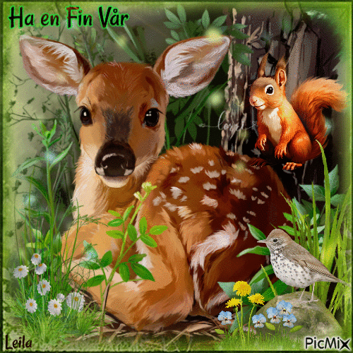 Have a Nice Spring. Squirrel, deer, bird - Бесплатни анимирани ГИФ