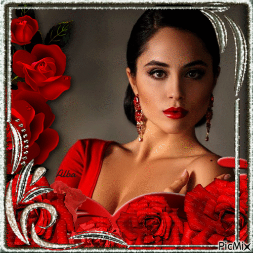 Mujer con rosas rojas - Бесплатный анимированный гифка