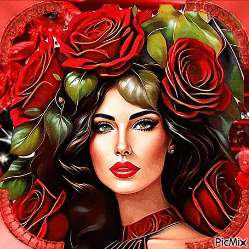 La femme et les roses rouges - Безплатен анимиран GIF