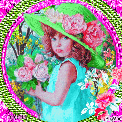 La petite fille avec un chapeau de fleurs - Бесплатный анимированный гифка