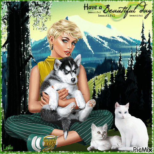 Have a Beautiful day. Girl in the mountains with her animals - GIF animé gratuit