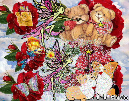 2 BEARS AND 2 DOGS. THE FAIRIES ARE SPRINKLING THEM WITH PIXIE DUST. THERE IS A CAT, A BUTTERFLY, AND ANOTHER FAIRY. THERE ARE RED ROSES,AND A FEW RED HEARTS. - GIF animasi gratis