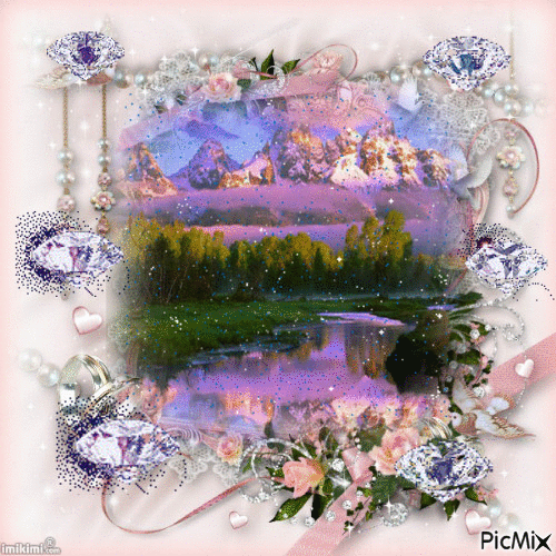 A SNOWY WINTER SCENE WITH PURPLE LAKE, SNOWY MOUNTAINS, A FRAME OF PEACH FLOWERS, AND 6 PURPLE BURSTINGS GEMS. - 免费动画 GIF
