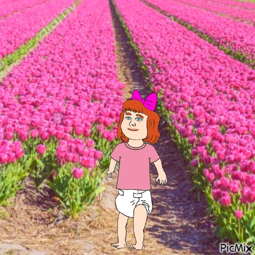 Cartoon baby girl in pink flower field - δωρεάν png