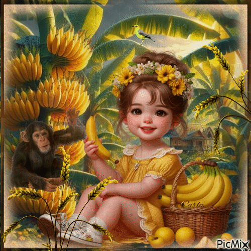 Petite Fille - Banane - Jaune - Vert - Marron - 免费动画 GIF