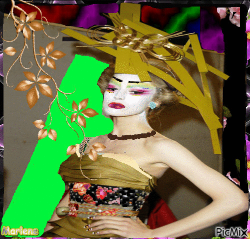 Portrait Geisha Woman Colors Hat Deco Glitter Fashion Glamour Makeup - GIF animé gratuit