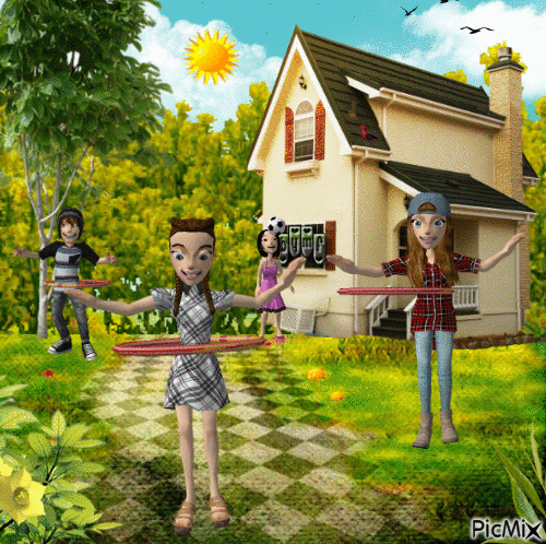 Children outside the house - GIF animado gratis