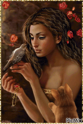 Portrait d'une femme avec un oiseau. - GIF เคลื่อนไหวฟรี