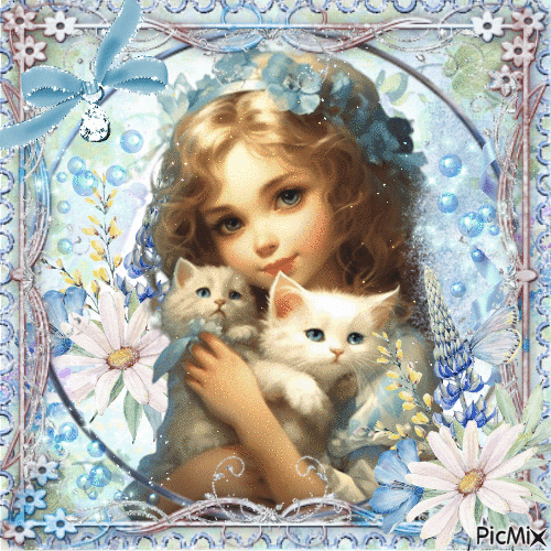 vintage girl with white cats - Бесплатни анимирани ГИФ