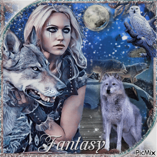 Fantasy woman with a wolf - Free animated GIF