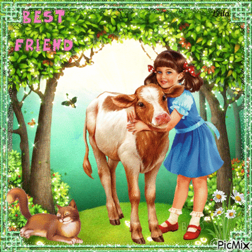 My best friend. Girl with her cat and a calf / cow - GIF เคลื่อนไหวฟรี
