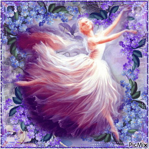 Ballerina mit lila und blauen Blumen - Gratis geanimeerde GIF