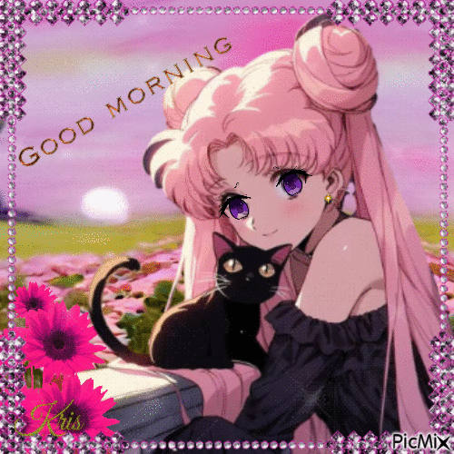 Bonjour, Manga et chats - GIF animado grátis