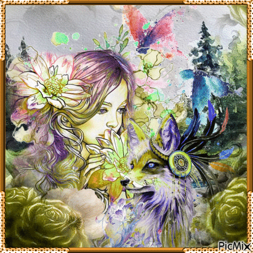 Peinture artistique d'une femme et un renard - Δωρεάν κινούμενο GIF