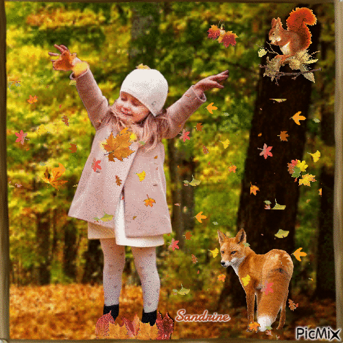 la petite fille et le renard en automne - Ücretsiz animasyonlu GIF