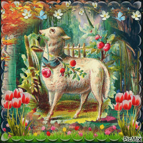 Mouton en forêt et des fleurs - Gratis animerad GIF
