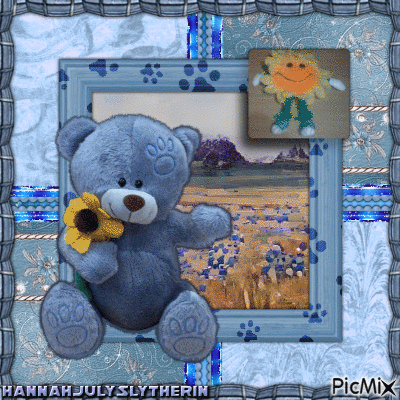 ♠Blue Teddy Bear with Sunflower♠ - Free animated GIF