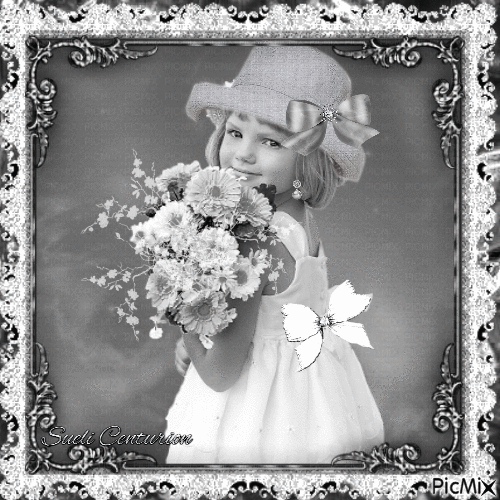 Retrato de uma menina com chapéu e laço branco e cinza - Ilmainen animoitu GIF