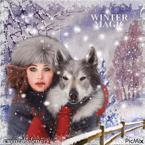 la dame et son ami le loup sous la neige - Free animated GIF