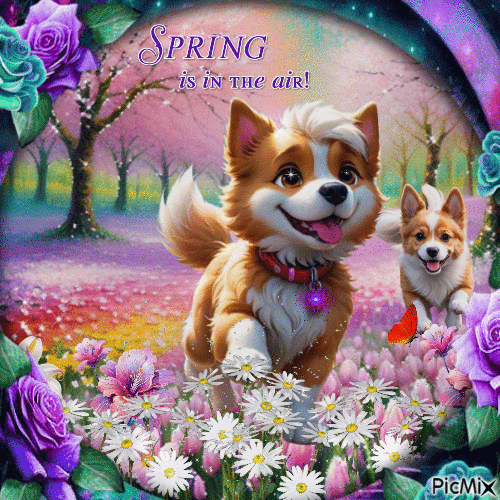 Primavera con un perro - GIF animé gratuit